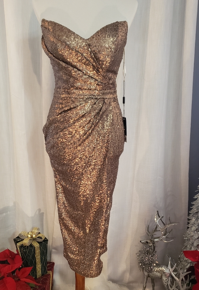 Cristallini Bronze Sequin Strapless Cocktail Dress